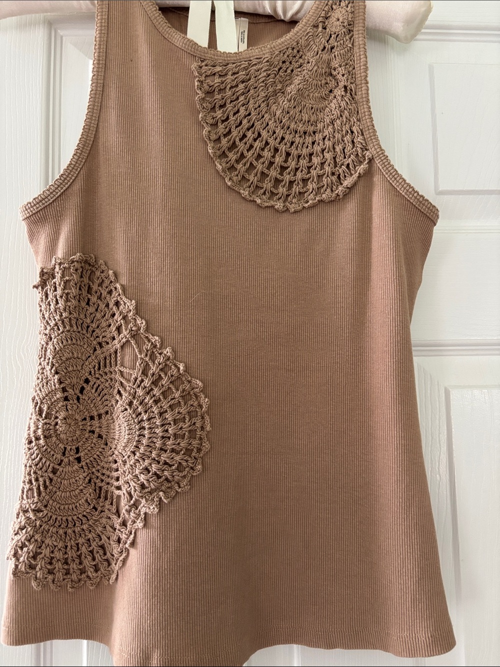 Anthropologie Sleeveless Crochet Appliqué Tank Top - Taupe